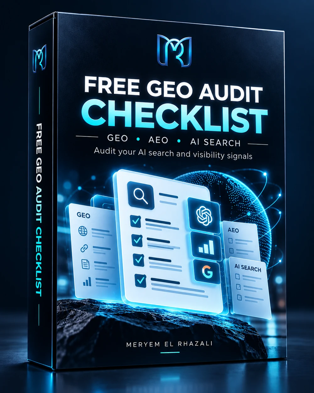 Free GEO Audit Checklist — navy and cyan digital product box artwork