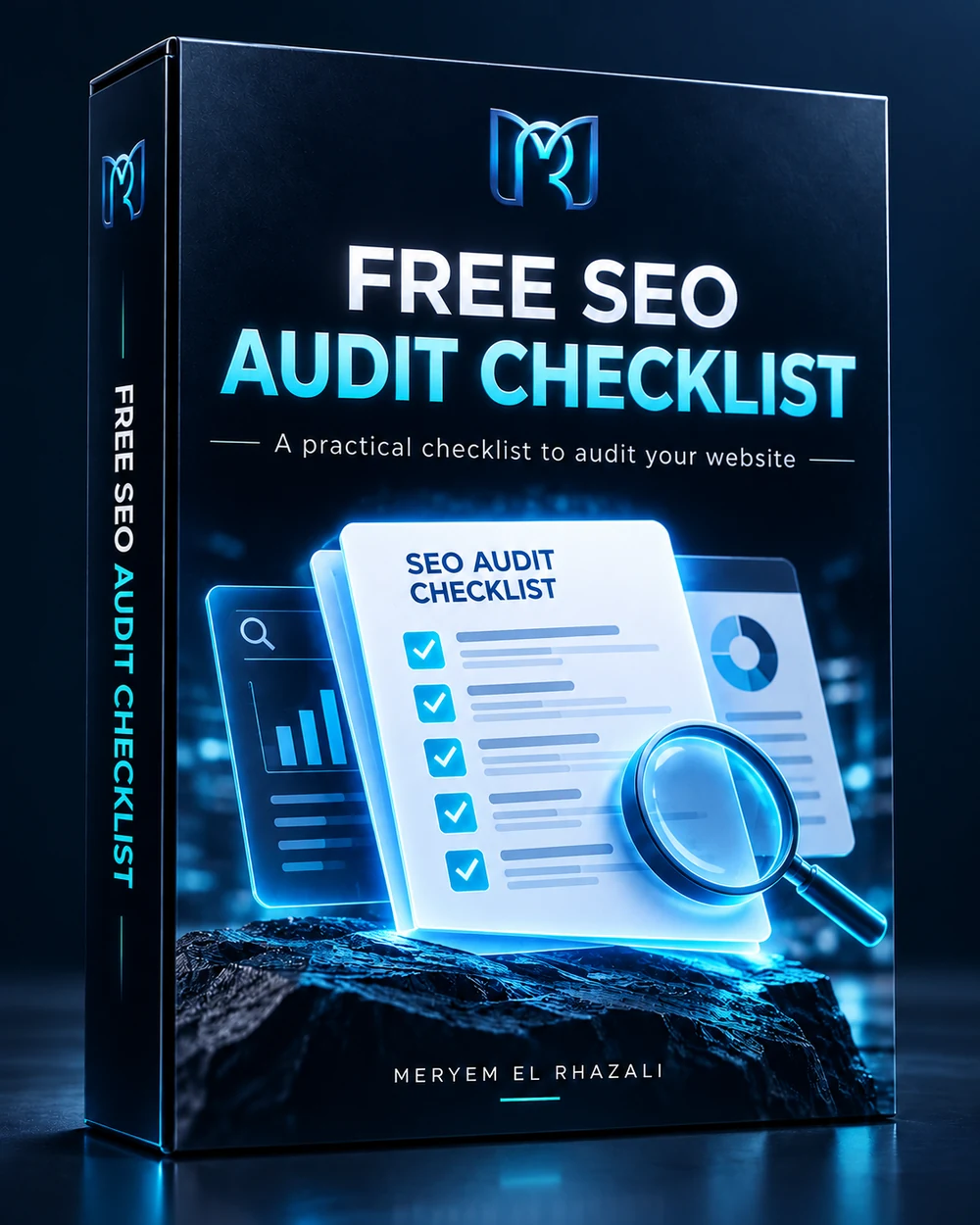 Free SEO Audit Checklist — navy and cyan digital product box artwork