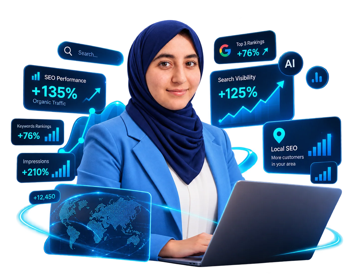 SEO specialist with illustrated search and analytics elements