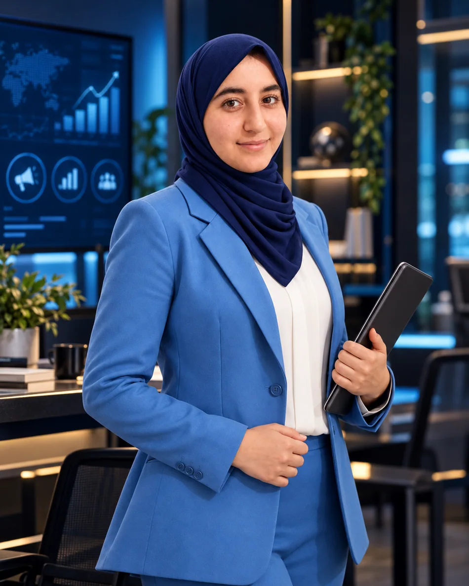Meryem in a professional office holding a tablet
