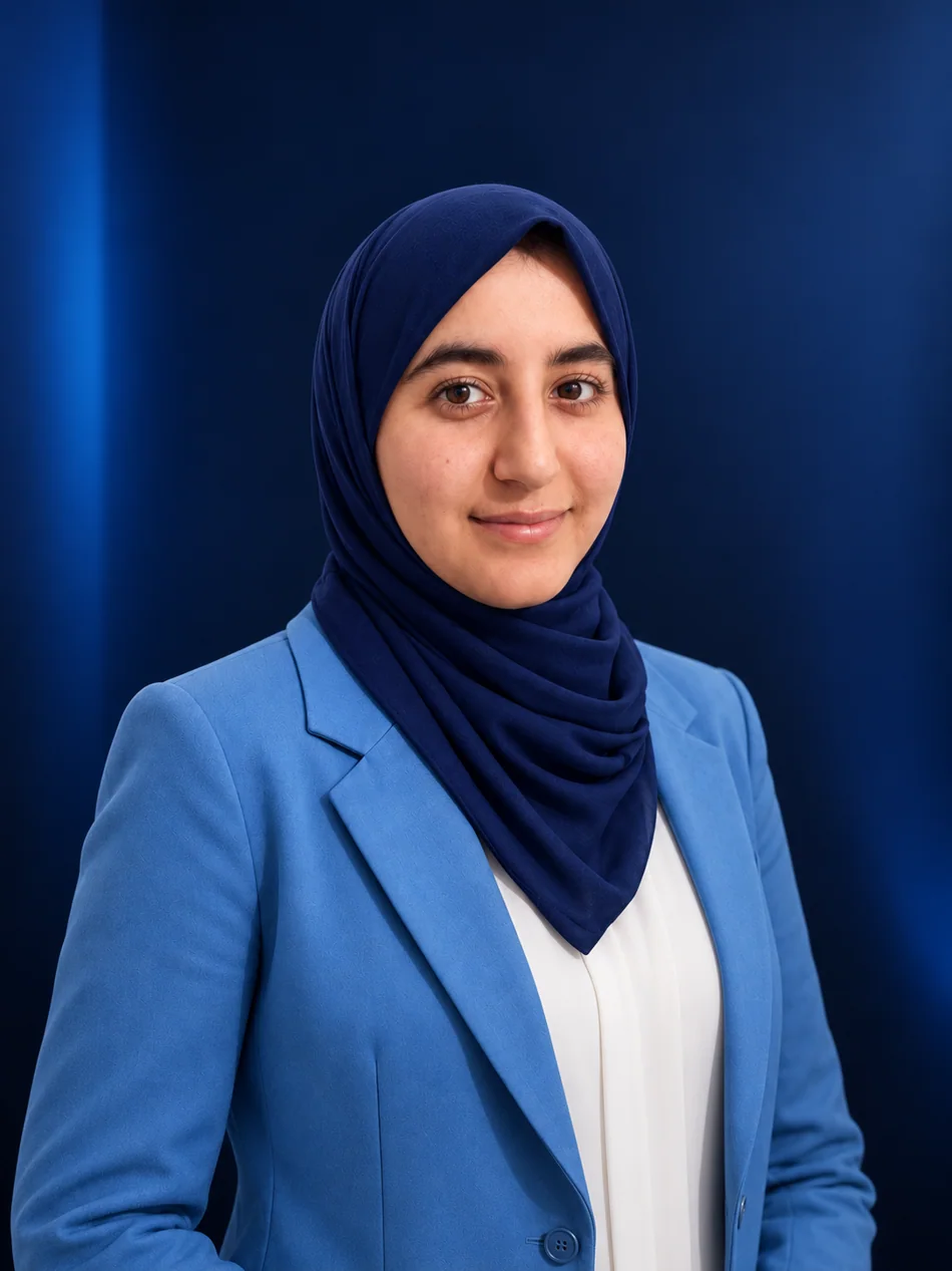 Meryem El Rhazali wearing a navy hijab and blue blazer